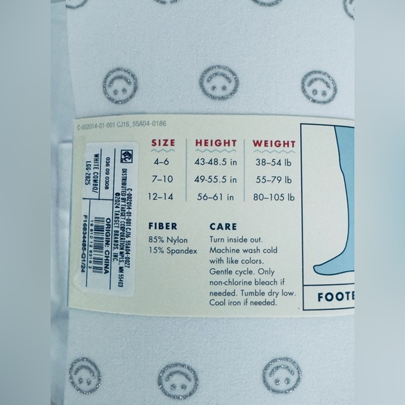 Cat & Jack (Set of 2) White footed tights with silver smiley faces 7-10 (55-79#) - Picture 4 of 4